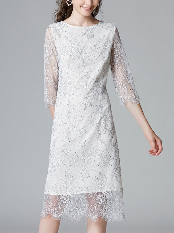 Plus Size White Eyelash Lace Mid Sleeve Dress (Suitable For Weddings, Office, Formal Occasion And Chinese New Year)
