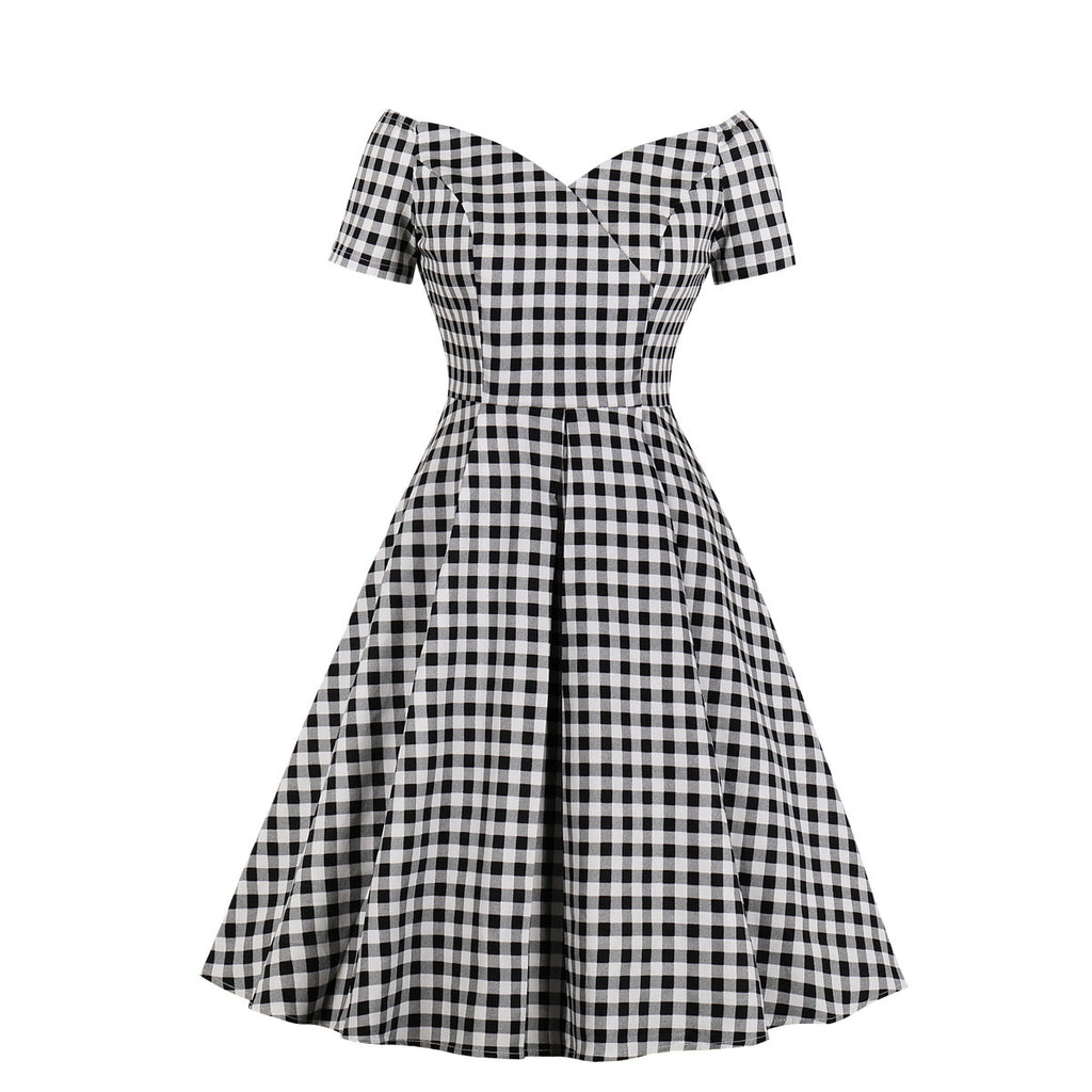 Plus Size Gingham Check Vintage Short Sleeve Midi Dress