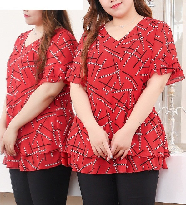 Patzi V Neck Red Print Frill Sleeve V Neck Peplum Top (EXTRA BIG SIZE)
