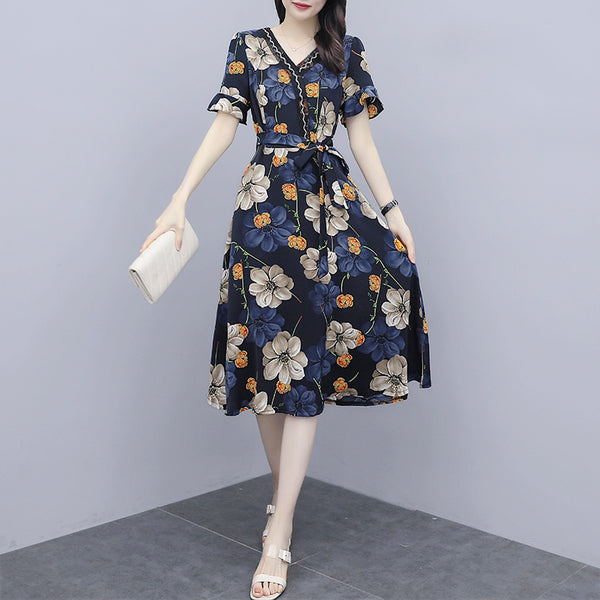 Lavian Plus Size Blue Wrap Floral Short Sleeve Midi Dress