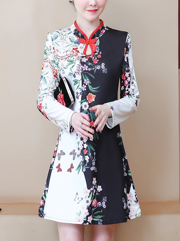 Towanda Plus Size Modern Floral Print Cheongsam Qipao Long Sleeve Dress (Black)