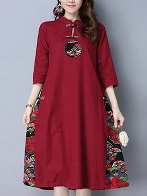 Taynee Plus Size Cotton Linen Oriental Print Mid Sleeve Midi Dress (Red, Green, Blue)