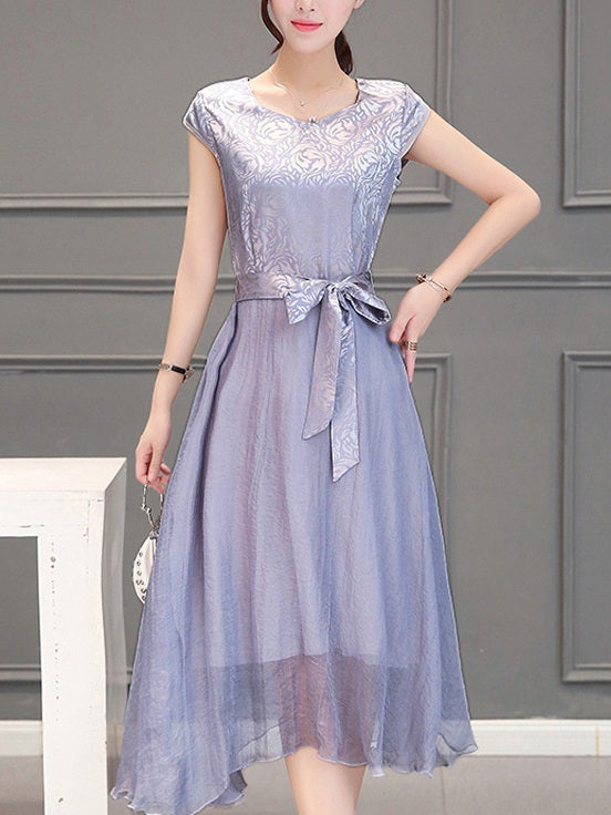 Summiya Plus Size Bridesmaid Wedding Dinner Evening Occasion Dress Floral Cap Sleeve Wispy Short Sleeve Midi Dress (Red, Grey, Blue)