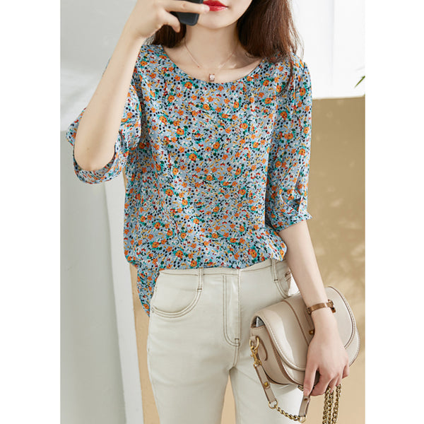Plus Size Blue Floral Chiffon Short Sleeve Blouse