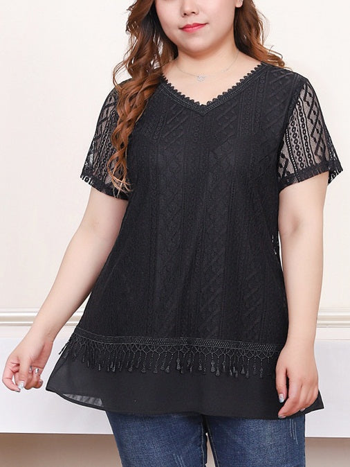 Patzi Lace V Neck Black Blouse (EXTRA BIG SIZE)