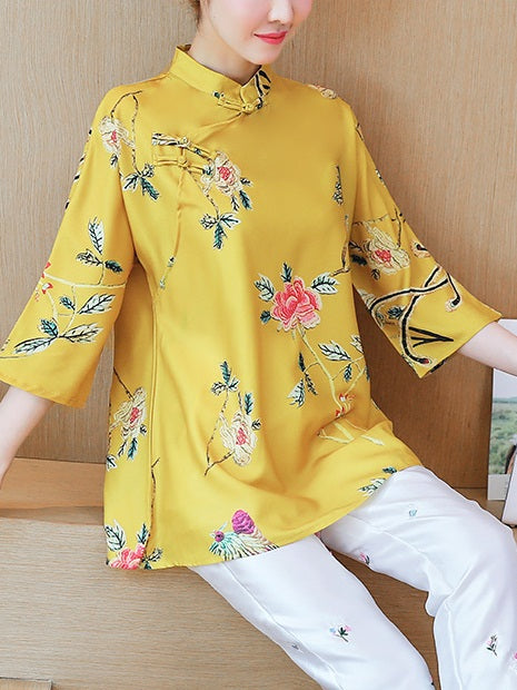 Tianna Plus Size Cheongsam Top Yellow Floral Print Qipao Mid Sleeve Top