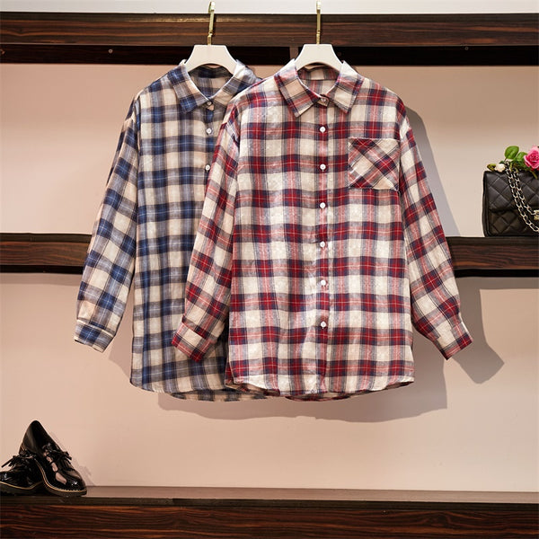 Leen Plus Size Checked Long Sleeve Shirt Blouse