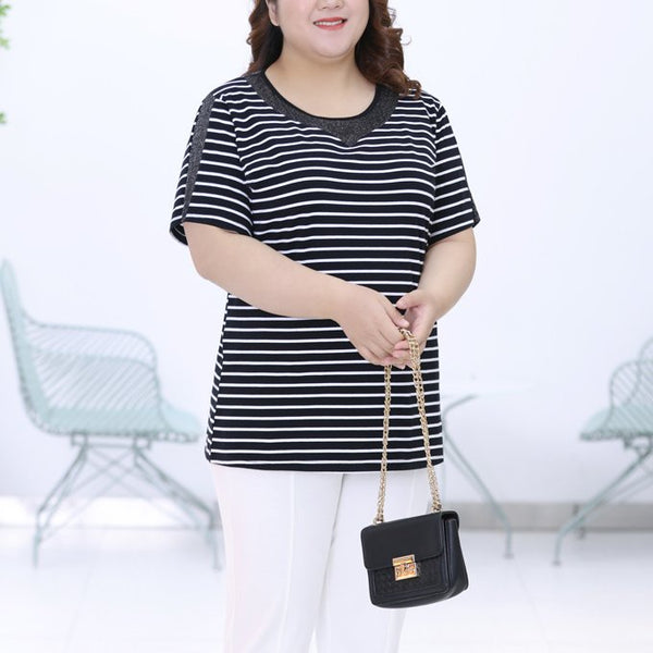 Plus Size Shimmer Mesh Stripes Short Sleeve Blouse (EXTRA BIG SIZE)