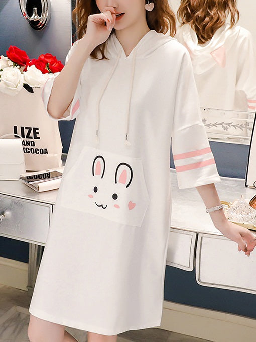 Daryl Plus Size Hoodie Rabbit Ears Mid Sleeve T Shirt Dress (Pink,White)