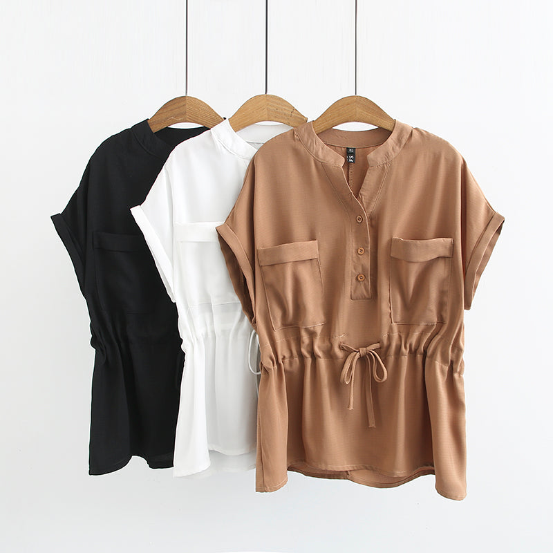 Ysabella Plus Size Fold Sleeve V Neck Buttons Pocket Drawstring Short Sleeve Blouse (Khaki, Black, White)