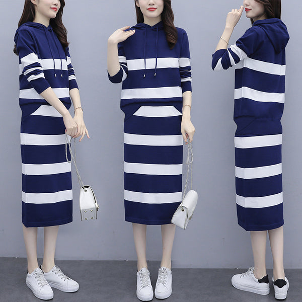Kerenza Plus Size Knit Stripes Hoodie Sweater Long Sleeve Top And Skirt Set