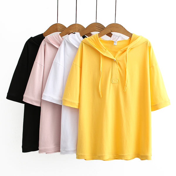 Katania Plus Size Cotton Hoodie Short Sleeve T Shirt Top