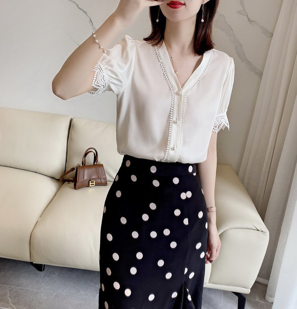 Plus Size Chiffon Pearl Work Short Sleeve Blouse