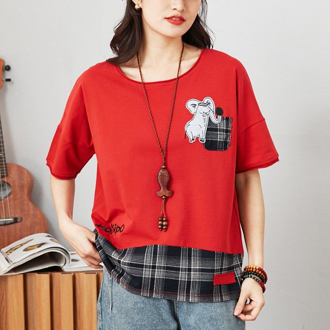 Plus Size Elephant Checked Layer Short Sleeve Blouse