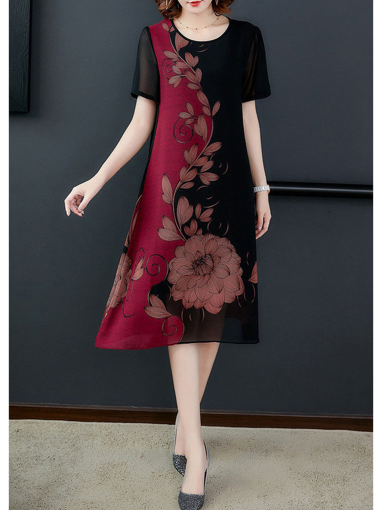 Tally Plus Size Cheongsam Qipao Casual Work Office Chinese New Year Floral Print Short Sleeve Midi Dress (Red, Green)