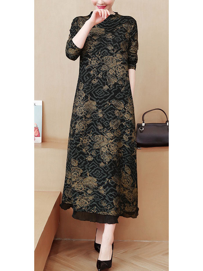 Xuriya Plus Size Gold Royal Floral Print Long Sleeve Maxi Dress