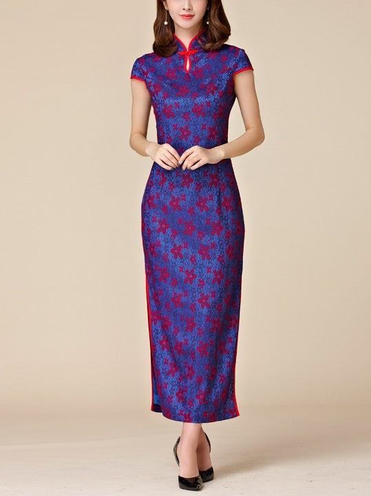 (M-3XL) Kallysta Red and Blue Lace Short Sleeve Side Slit Plus Size Cheongsam Qipao Maxi Dress
