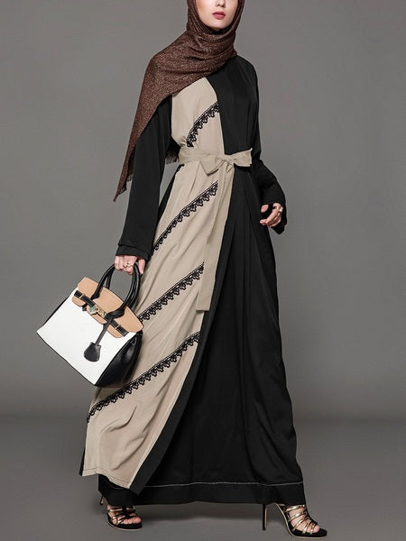 Moria Colourblock Khaki, Black and Lace Maxi Abaya Dress