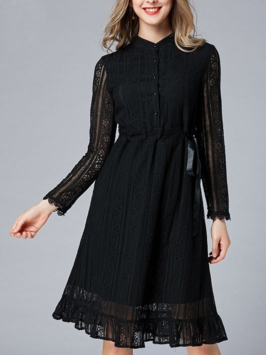 Michala Black Lace Waist Tie Plus Size Formal Wedding Occasion L/S Shirt Dress