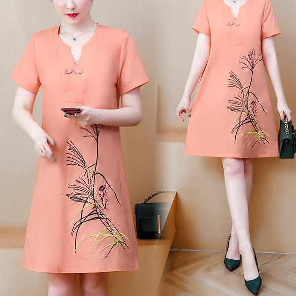 Plus Size V Neck Orange Embroidery Cheongsam Short Sleeve Dress