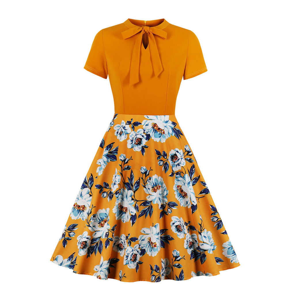 Plus Size Yellow Vintage Floral Swing Short Sleeve Dress