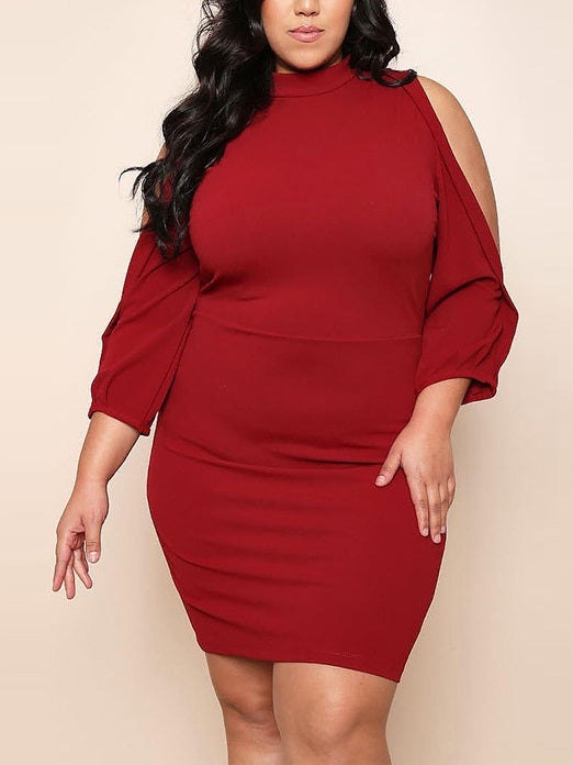 Tamora Plus Size Bodycon High Neck Off Shoulder Mid Sleeve Dress (Suitable For Chinese New Year, Party, Office And Weekends) (EXTRA BIG SIZE) (Red, Black)