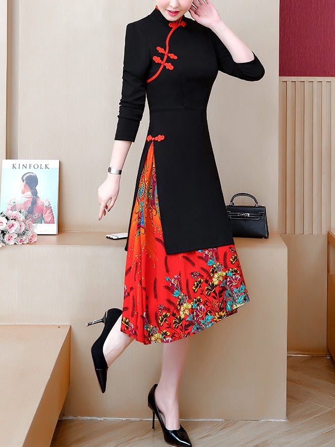 Townley Plus Size Red Floral Under Panel Cheongsam Qipao Long Sleeve Midi Dress (Black)