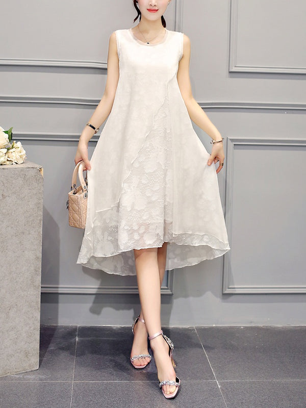 Sun Plus Size Wedding Dinner Formal Dress Floral Lace Sleeveless Midi Dress (White, Black)