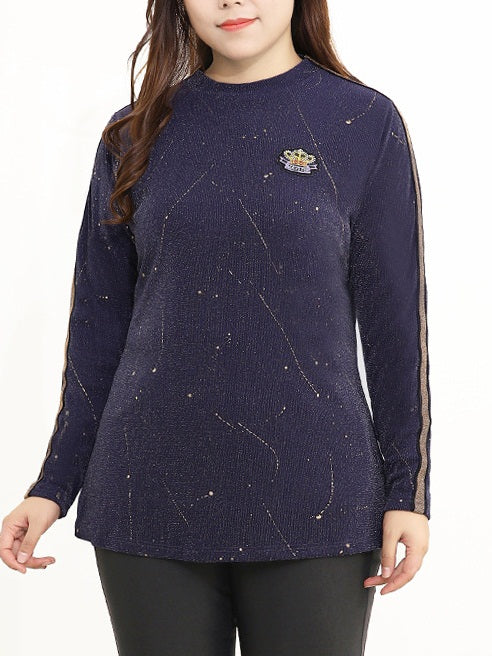 Sylvianne Plus Size Knit Shimmer Blue Crown Long Sleeve Blouse (EXTRA BIG SIZE)