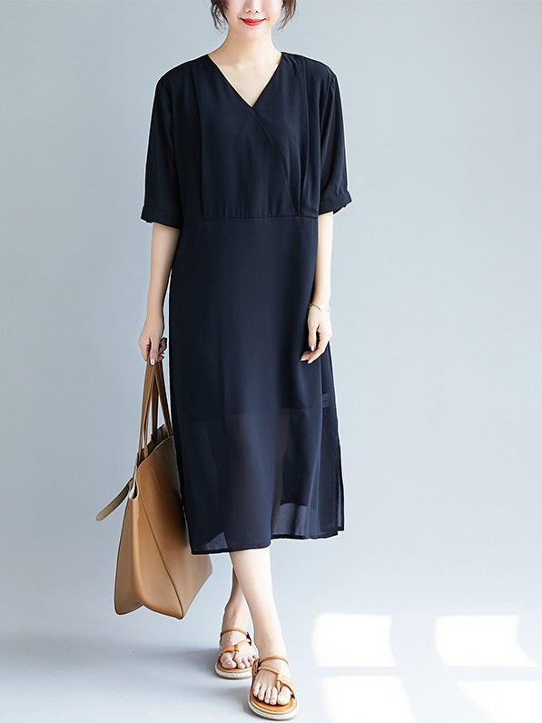 Rozlynn With Belt Wrap V Neck S/S Midi Dress (EXTRA BIG SIZE)