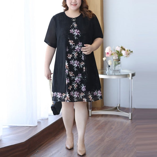 Plus Size Floral Chiffon Layer Short Sleeve Dress (EXTRA BIG SIZE)