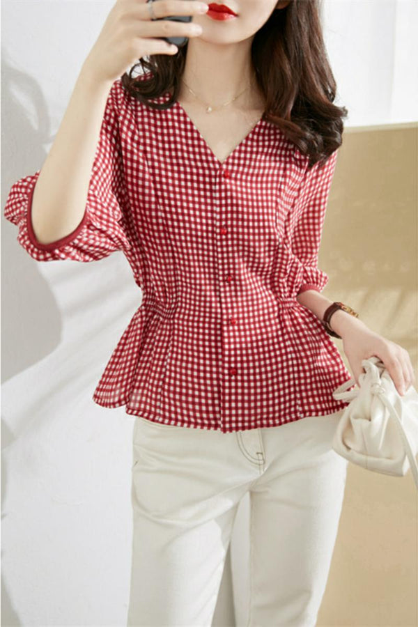 Plus Size Red Gingham Peplum Mid Sleeve Blouse