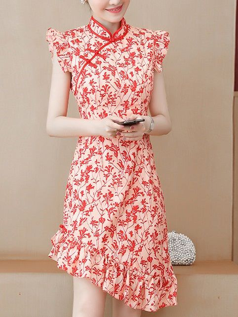 Taysia Plus Size Cheongsam Qipao Orange Floral Print Short Sleeve Dress (Suitable For Chinese New Year, Office)