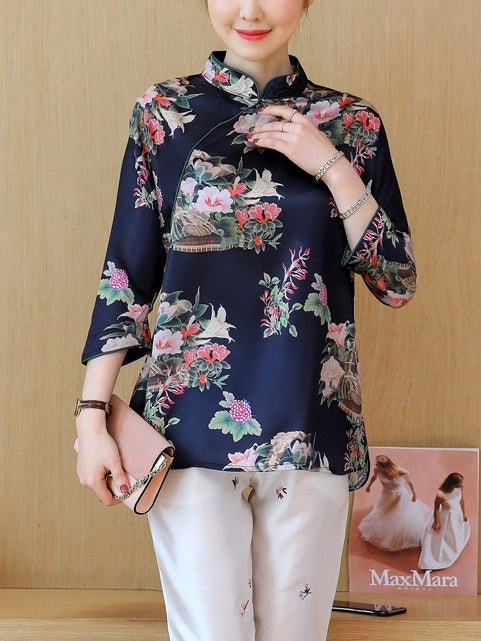 Tiara Plus Size Cheongsam Top Black Floral Print Qipao Mid Sleeve Top