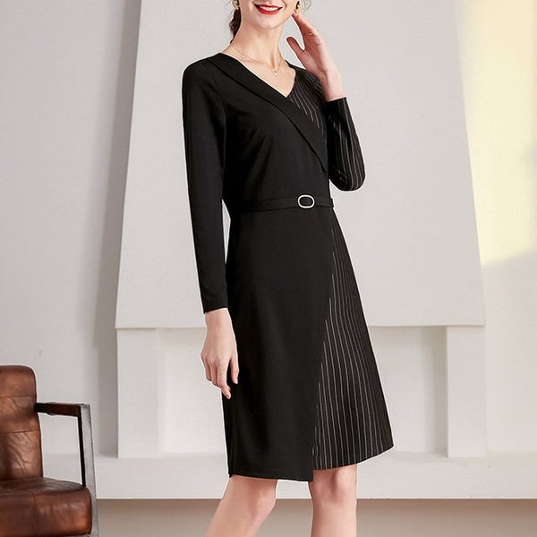 Plus Size Wrap Formal Stripe Work Long Sleeve Dress