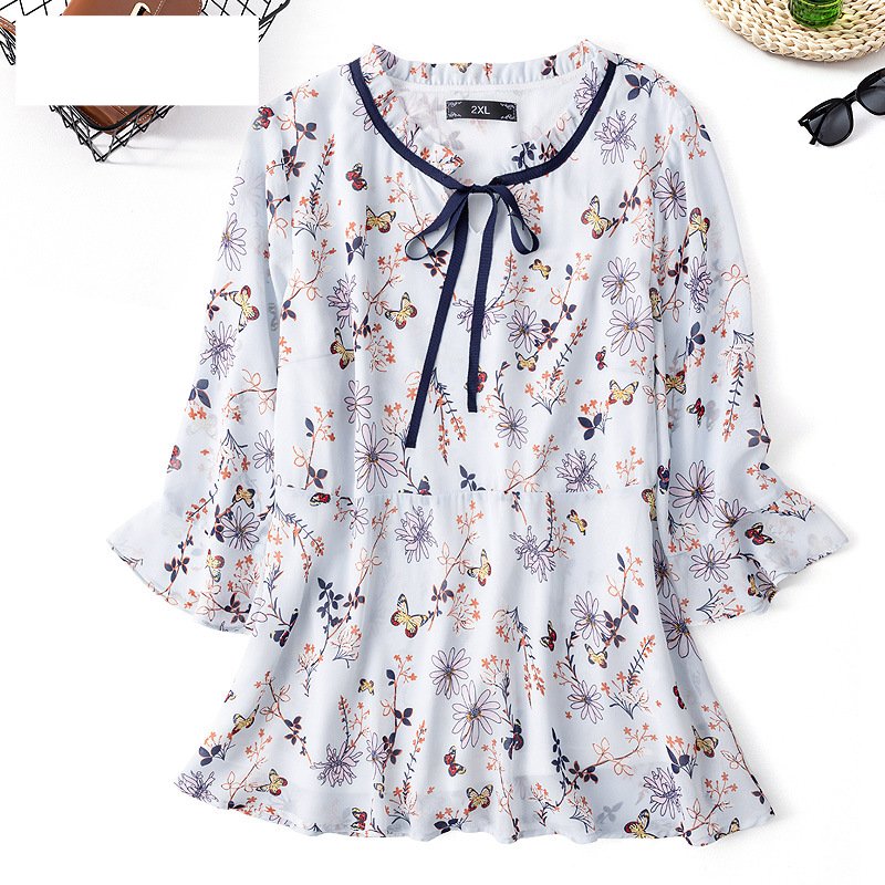 Plus Size Butterflies Flowers Chiffon Mid Sleeve Blouse