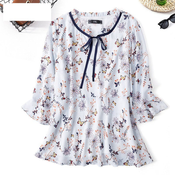 Plus Size Butterflies Flowers Chiffon Mid Sleeve Blouse