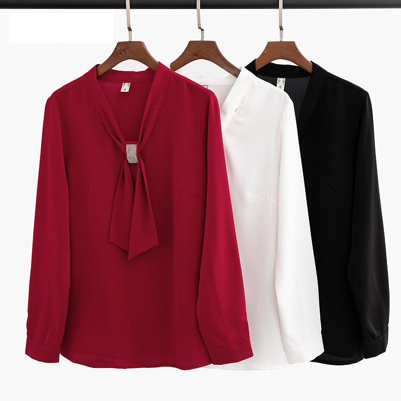 Plus Size Diamante Bow Chiffon Long Sleeve Blouse