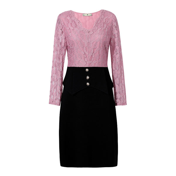 Plus Size Work Pelpum Pink Lace Long Sleeve Dress