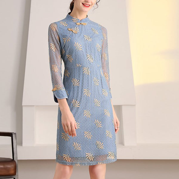 Plus Size Blue Gold Fan Lace Cheongsam Mid Sleeve Dress