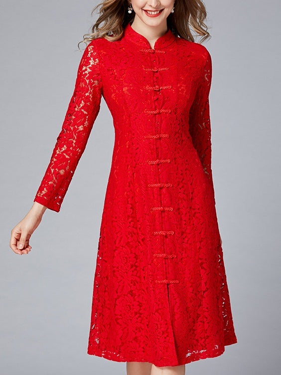 Michalina Red Button Plus Size Cheongsam Qipao Occasion Long Sleeve Dress