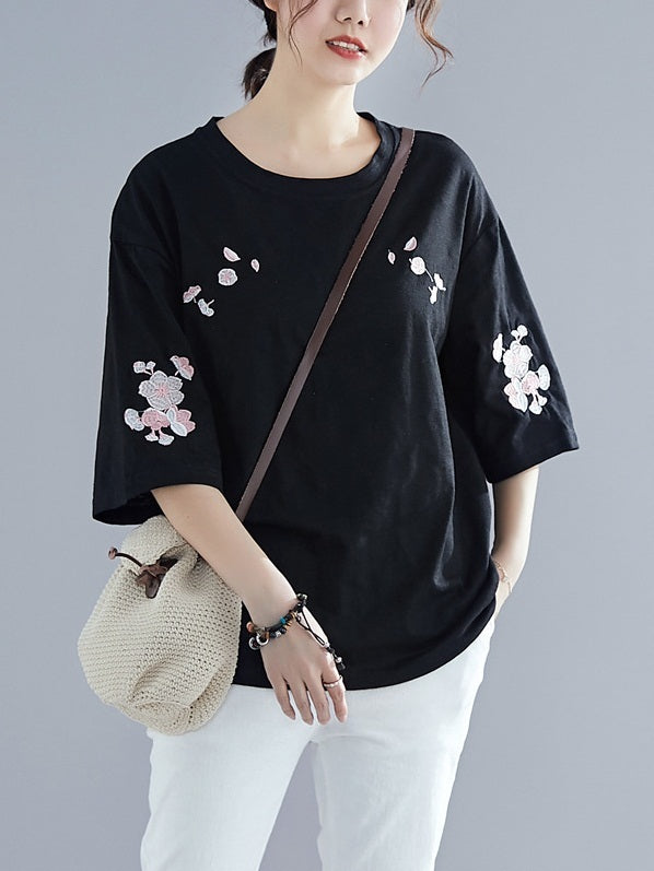 Ortensia Bamboo Cotton Embroidery Tee  (EXTRA BIG SIZE)