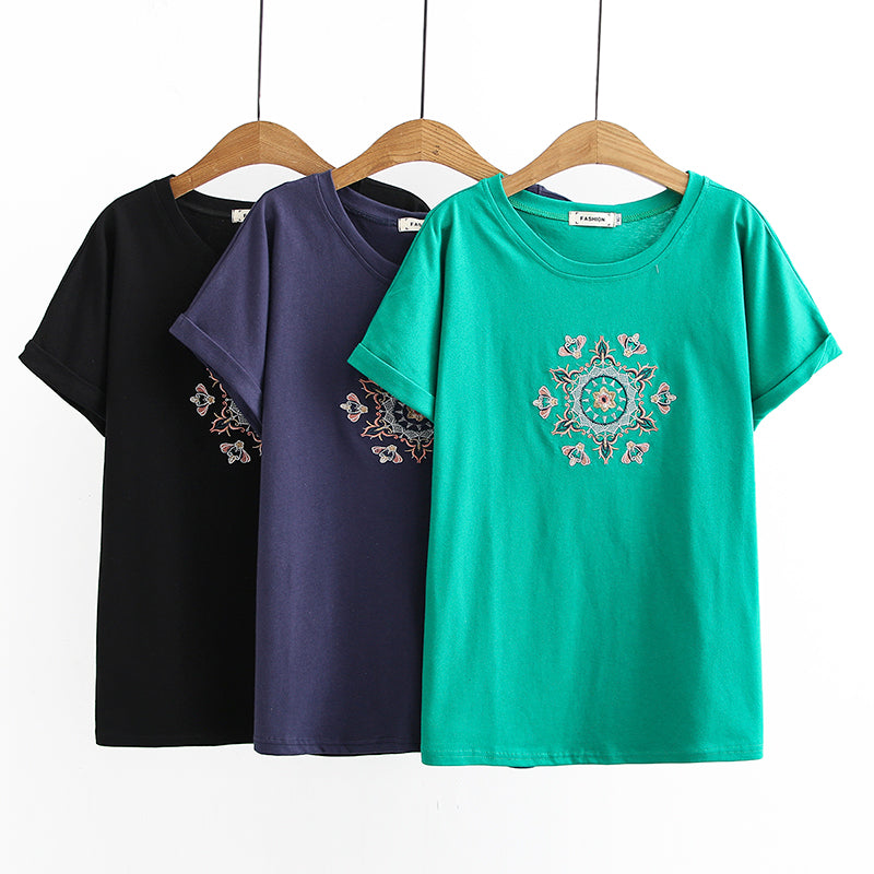 Plus Size Embroidery Ethnic Short Sleeve T Shirt Top