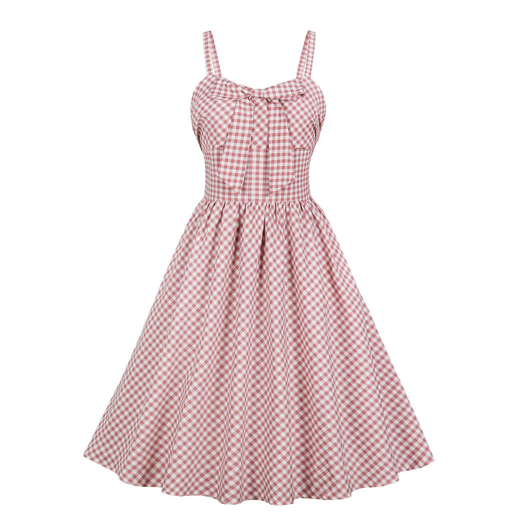 Plus Size Vintage Gingham Checked Pink Swing Sleeveless Dress