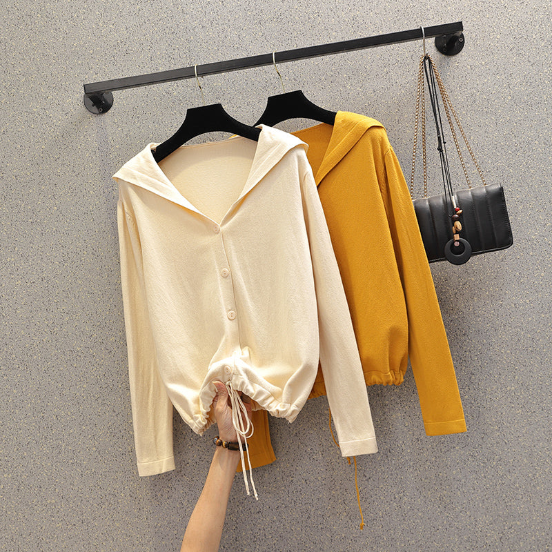 Zalyn Plus Size Knit Buttons Hoodie Long Sleeve Cardigan Jacket (Yellow, Cream)