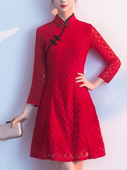 Triona Plus Size Cheongsam Qipao Red Lace Chinese Swing Long Sleeve Dress (Suitable For Weddings, Chinese New Year, Mother Of The Bride And Weekends)