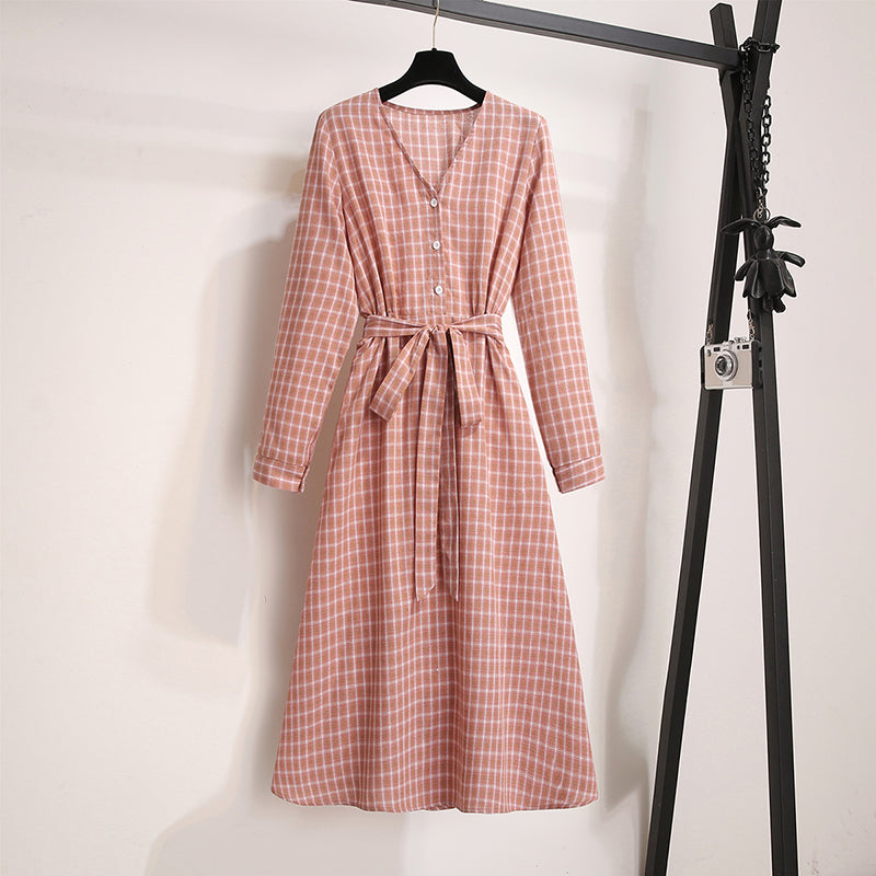 Leeonna Plus Size Pink Checked Long Sleeve Midi Dress