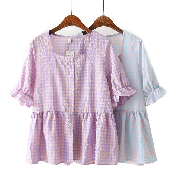 Plus Size Square Neck Checked Short Sleeve Blouse