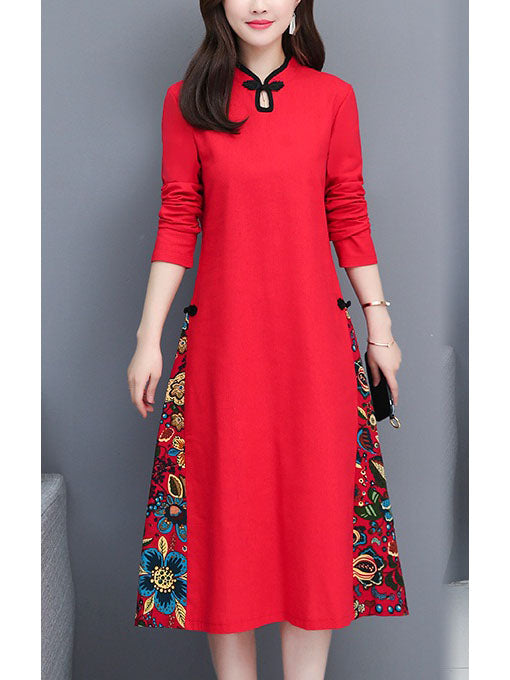 (Bust 95-120 CM) Tootsie Plus Size Floral Panel Side Cheongsam Qipao Long Sleeve Midi Dress (Red)