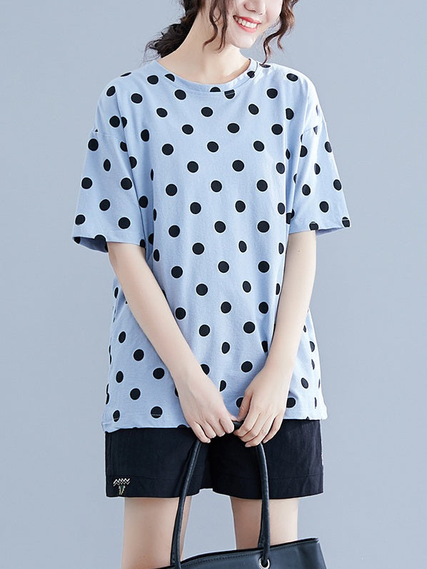 Rebbeca Blue Polka Dots Round Neck Cotton Tee Shirt